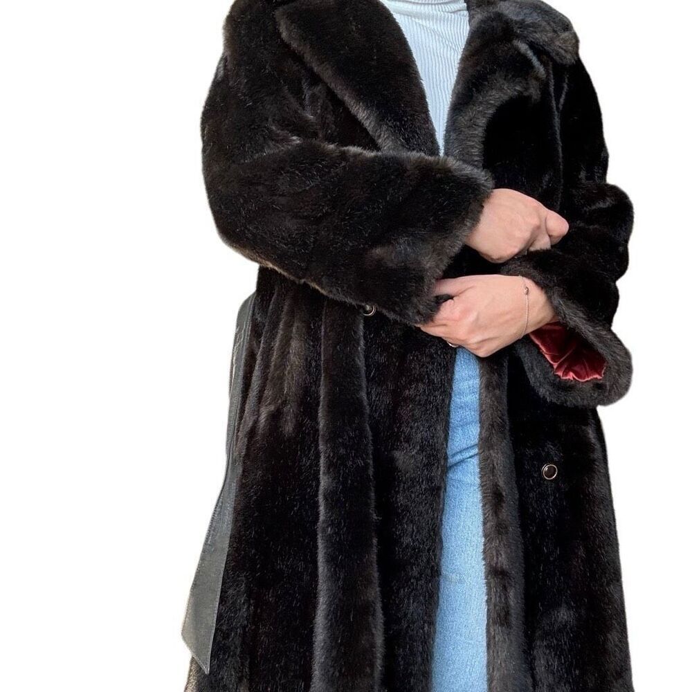 Vintage 70s Diamonte Faux Fur Coat Black Brown Mob Wife Size Medium Classic - Picture 6 of 10
